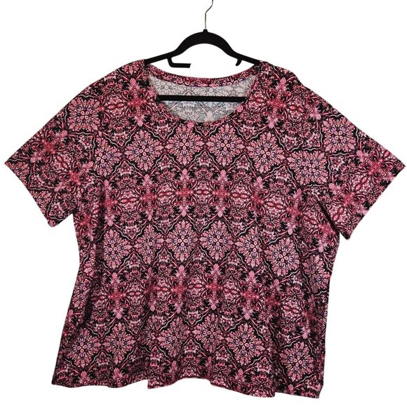 Catherines 3XWP Top Pink Black Geometric Print Short Sleeve Tee bright colorful - Picture 1 of 9